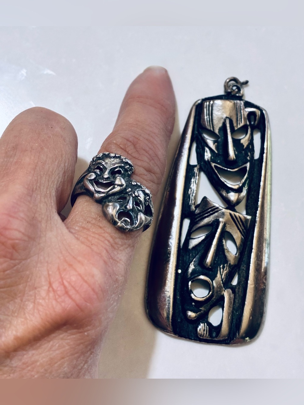 Vintage Sterling Plated Comedy Tragedy Theater Mask Set of 2 Ring Charm